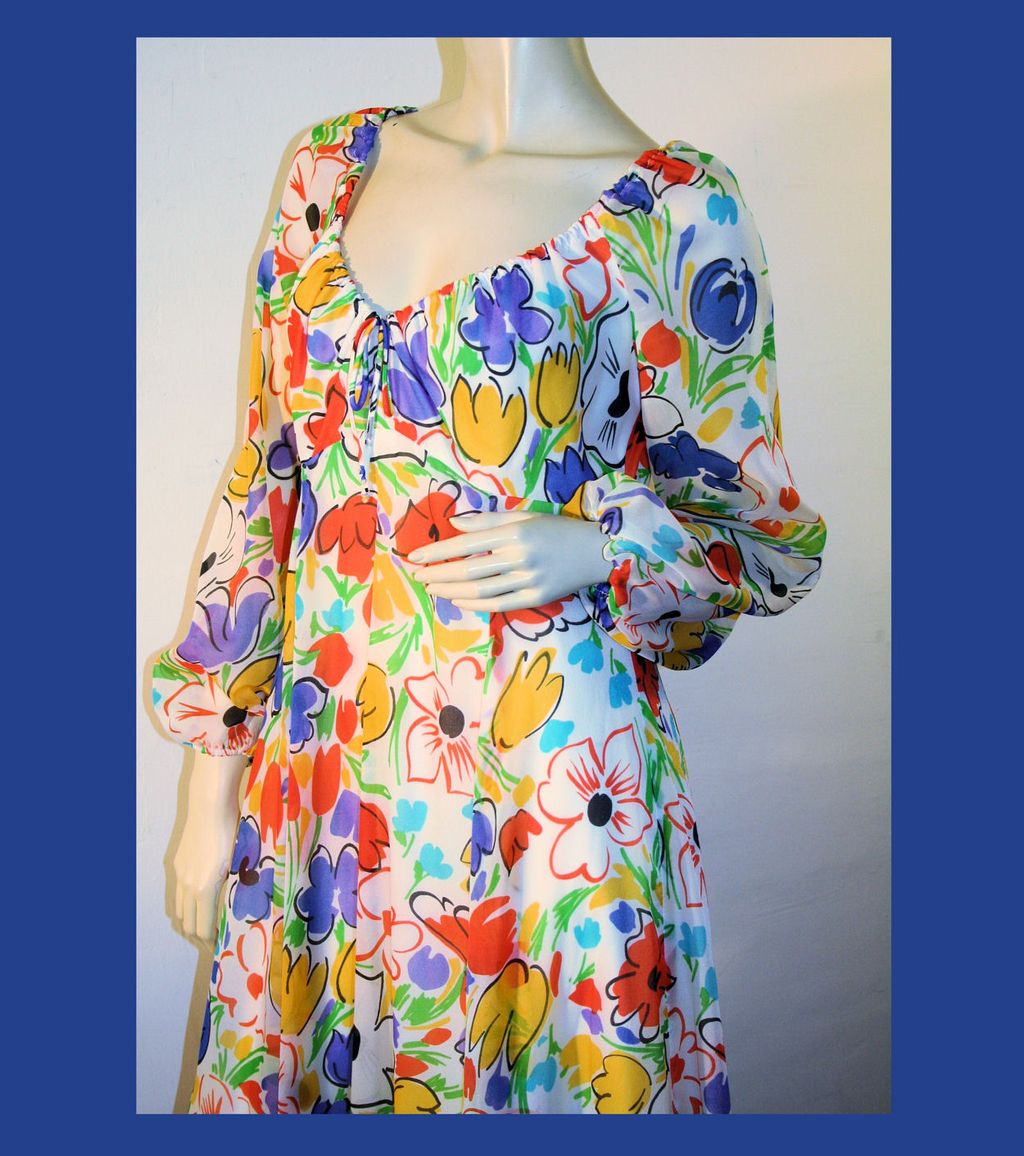 70's Lanz Dress Chiffon Floral Maxi Bright Crayola Crayon Colors S/M 70's Lanz Dress Chiffon Floral Maxi Bright Crayola Crayon Colors S/M
