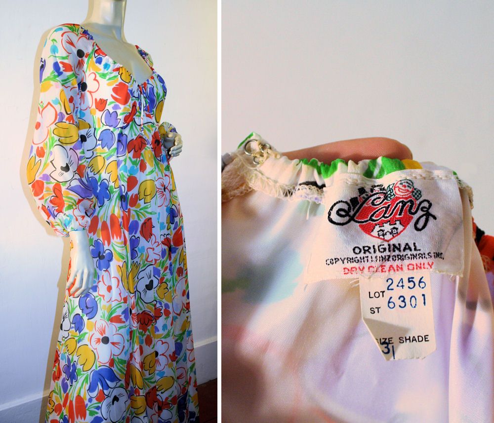 70's Lanz Dress Chiffon Floral Maxi Bright Crayola Crayon Colors S/M 70's Lanz Dress Chiffon Floral Maxi Bright Crayola Crayon Colors S/M