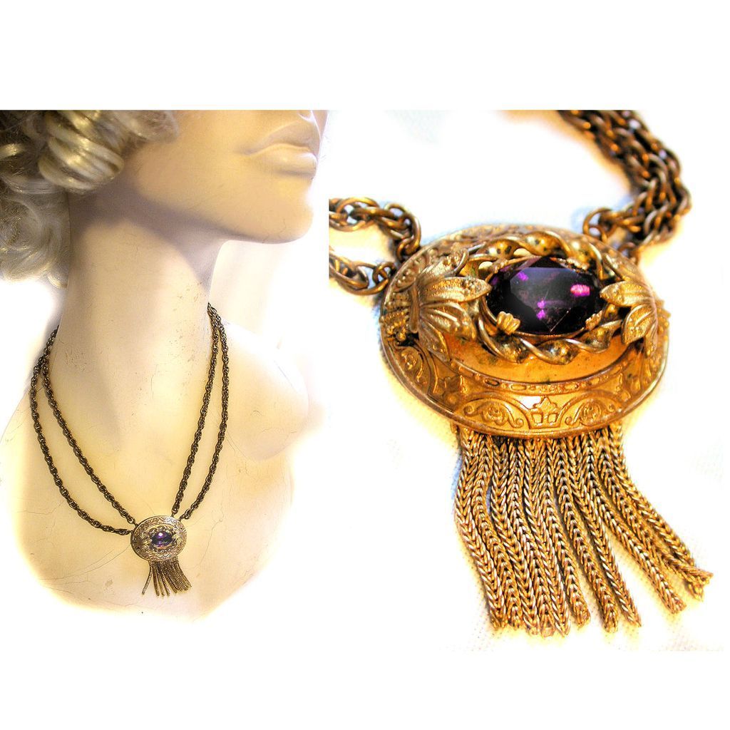 Victorian Revival Amethyst Glass Festoon Necklace Victorian Revival Amethyst Glass Festoon Necklace