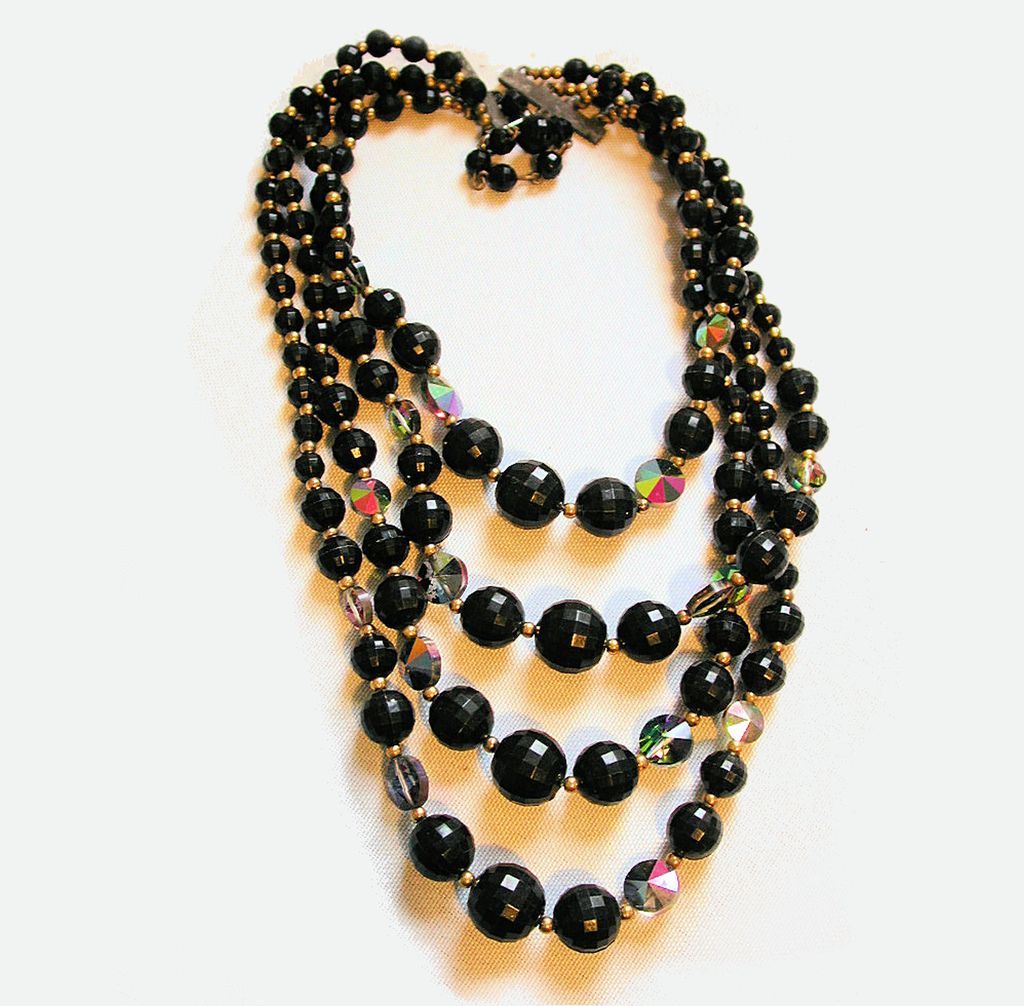 60s Four Strand Black Bead Necklace with Aurora Borealis Crystals 60s Four Strand Black Bead Necklace with Aurora Borealis Crystals