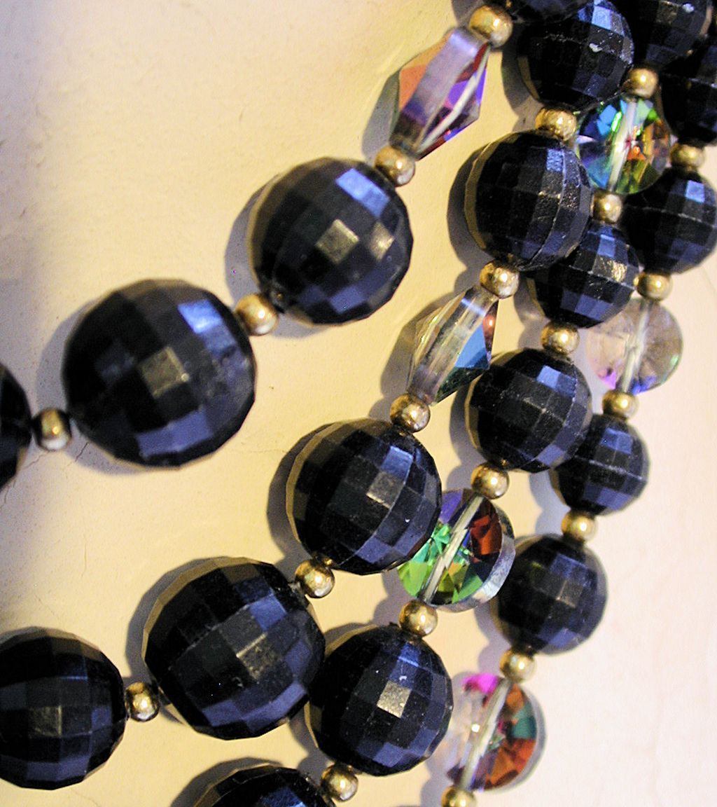 60s Four Strand Black Bead Necklace with Aurora Borealis Crystals 60s Four Strand Black Bead Necklace with Aurora Borealis Crystals