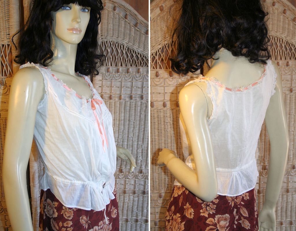 Victorian Camisole Antique White Cotton Ribbon Corset Cover S Victorian Camisole Antique White Cotton Ribbon Corset Cover S