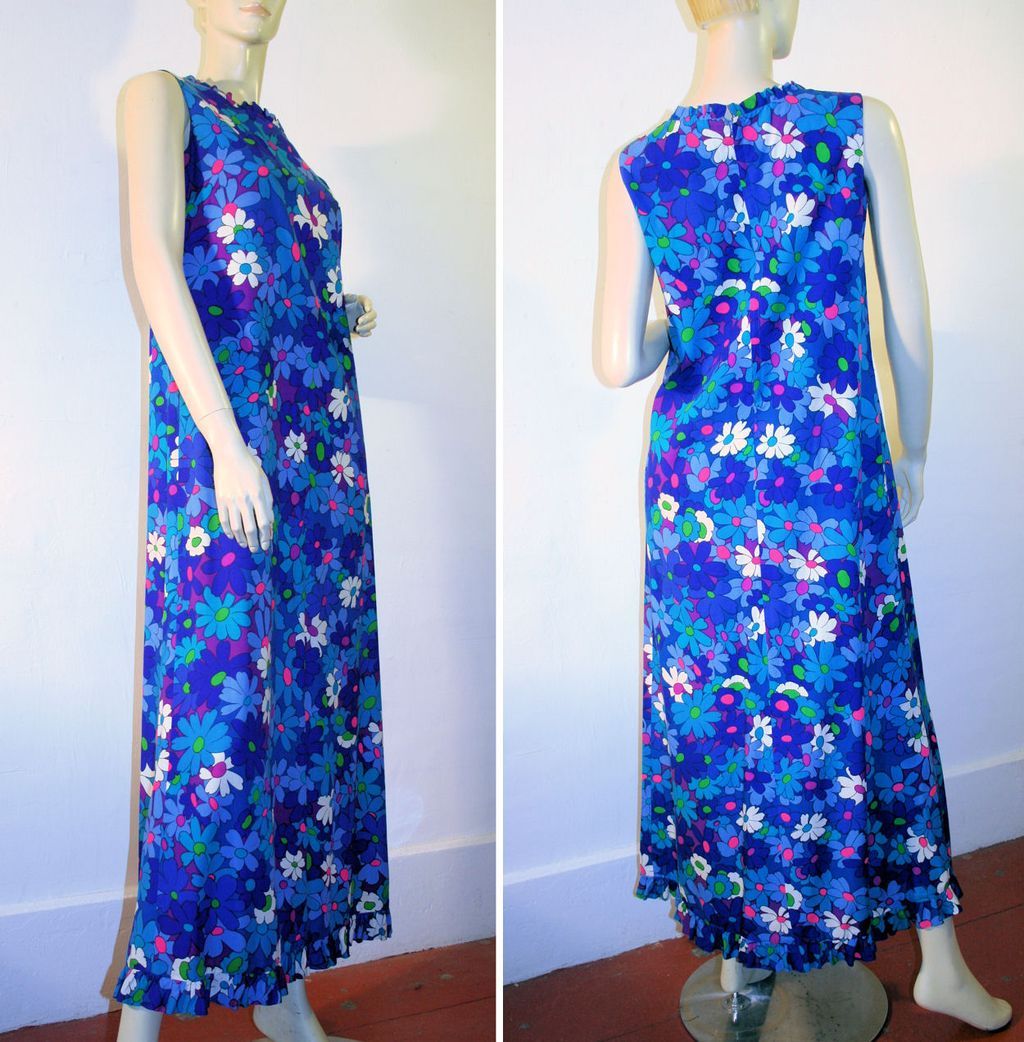 70's Kahala Mod Blue Floral Hawaiian Maxi Dress M 70's Kahala Mod Blue Floral Hawaiian Maxi Dress M
