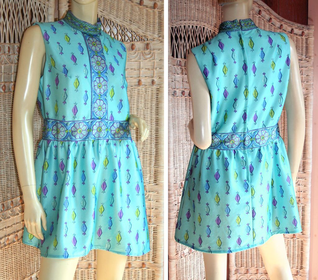 70's Mod Emilio Borghese Italian Aqua Print Mini Dress M 70's Mod Emilio Borghese Italian Aqua Print Mini Dress M