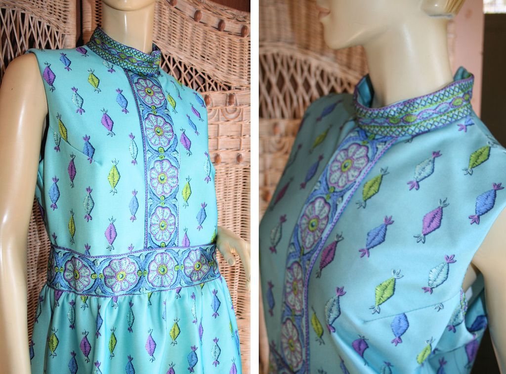 70's Mod Emilio Borghese Italian Aqua Print Mini Dress M 70's Mod Emilio Borghese Italian Aqua Print Mini Dress M