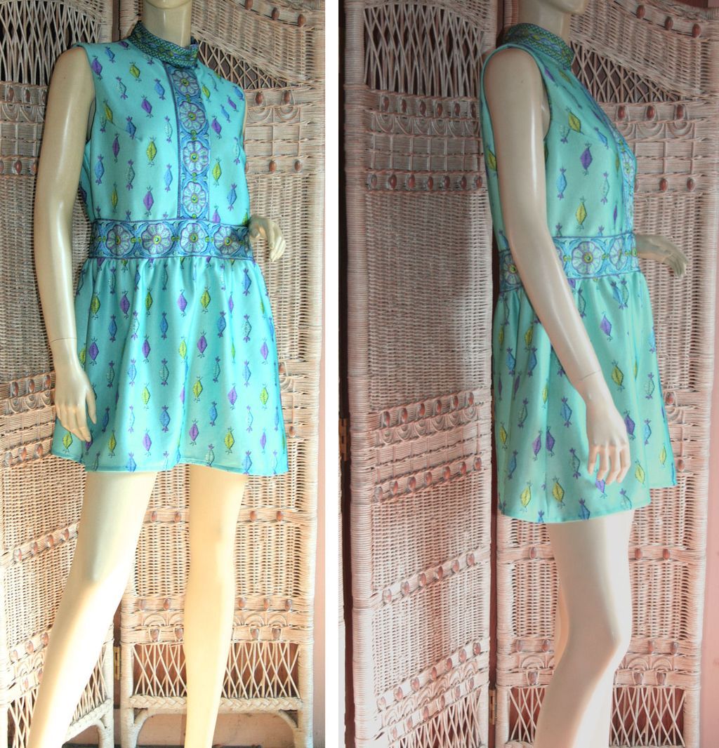 70's Mod Emilio Borghese Italian Aqua Print Mini Dress M 70's Mod Emilio Borghese Italian Aqua Print Mini Dress M