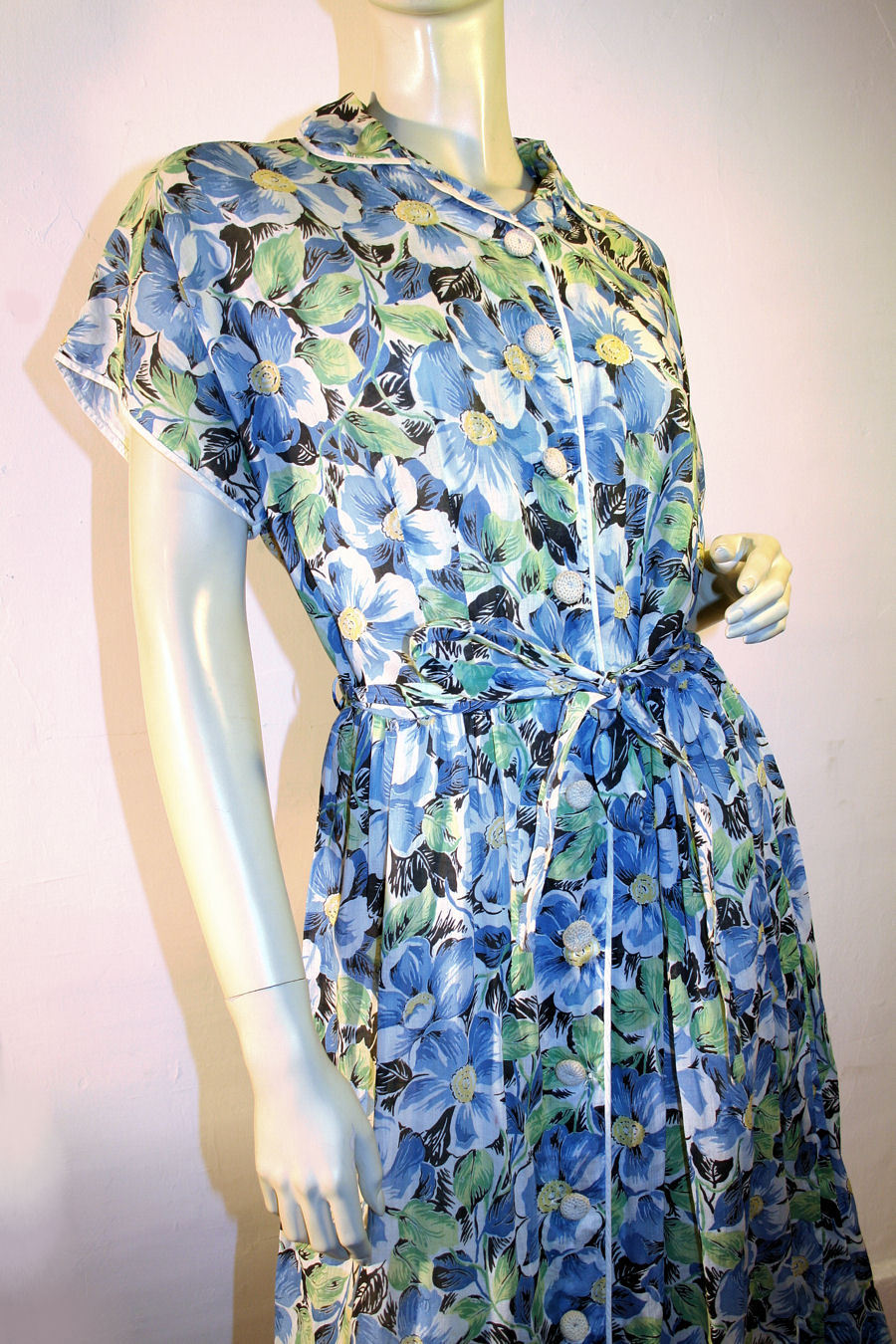 Charming 40's Fashion Frock Blue Green Cotton Day Dress M Charming 40's Fashion Frock Blue Green Cotton Day Dress M