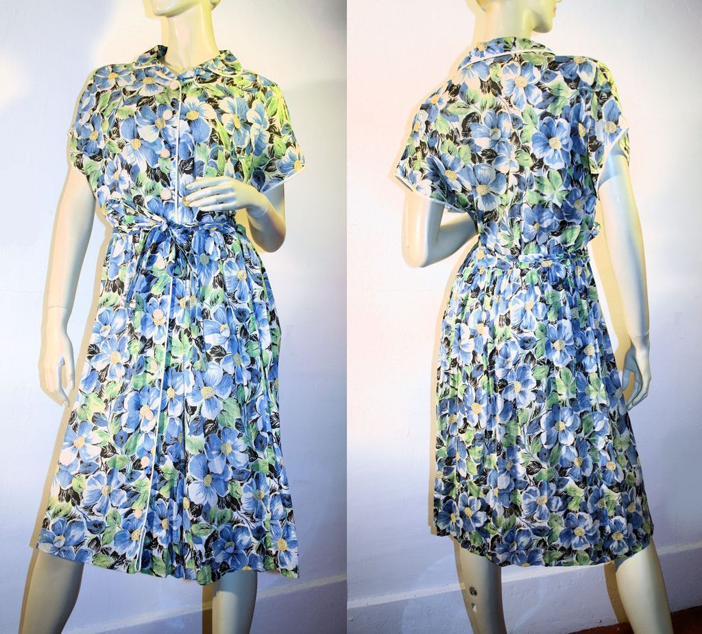 Charming 40's Fashion Frock Blue Green Cotton Day Dress M Charming 40's Fashion Frock Blue Green Cotton Day Dress M