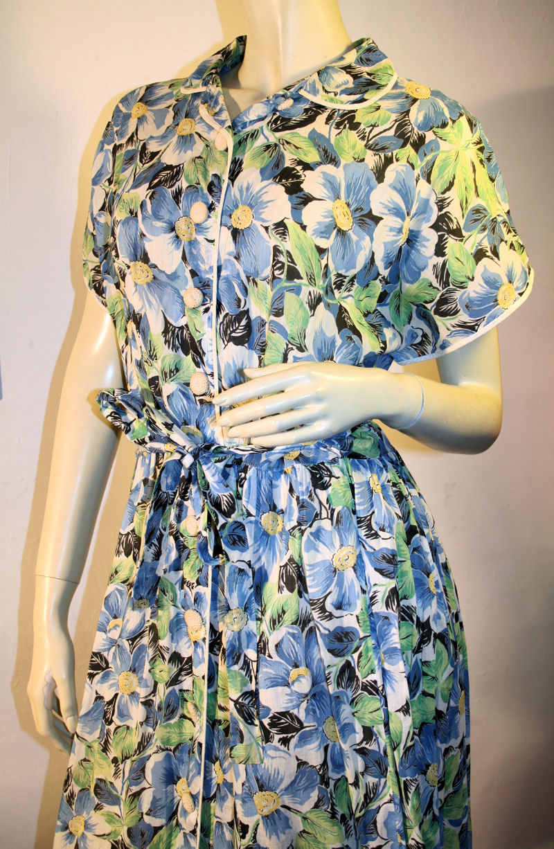 Charming 40's Fashion Frock Blue Green Cotton Day Dress M Charming 40's Fashion Frock Blue Green Cotton Day Dress M