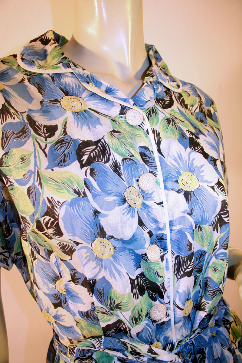Charming 40's Fashion Frock Blue Green Cotton Day Dress M Charming 40's Fashion Frock Blue Green Cotton Day Dress M