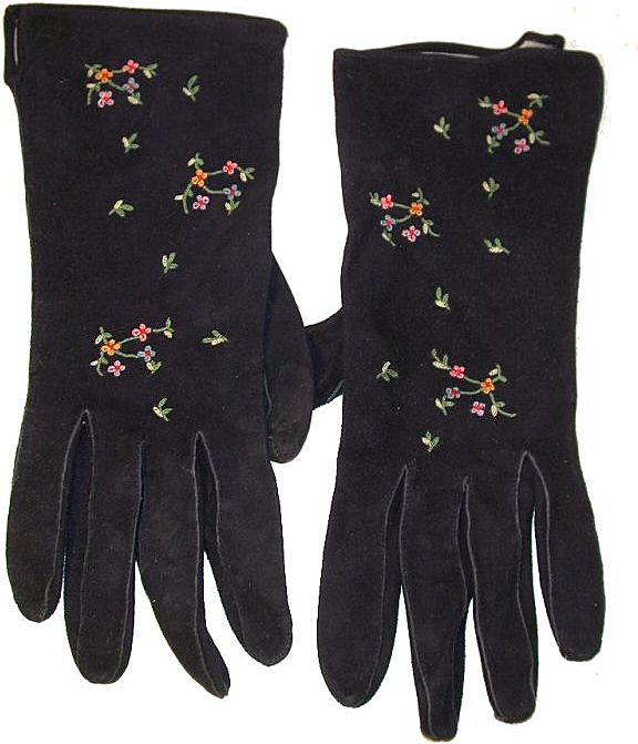 Vintage French Navy Suede Gloves Embroidered Flowers Paris 6.5 Vintage French Navy Suede Gloves Embroidered Flowers Paris 6.5