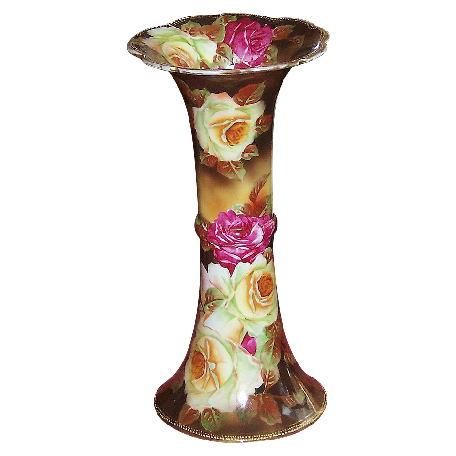 14" Hand Painted Nippon Roses Vase from mosaics on Ruby Lane