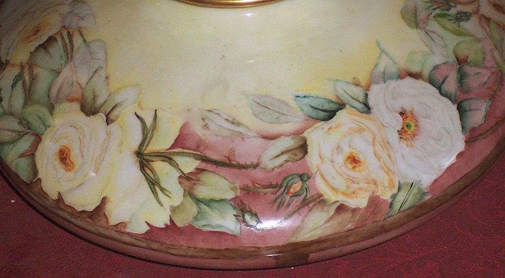 Limoges Handpainted Squat Vase with Roses 12" Diameter Limoges Handpainted Squat Vase with Roses 12" Diameter