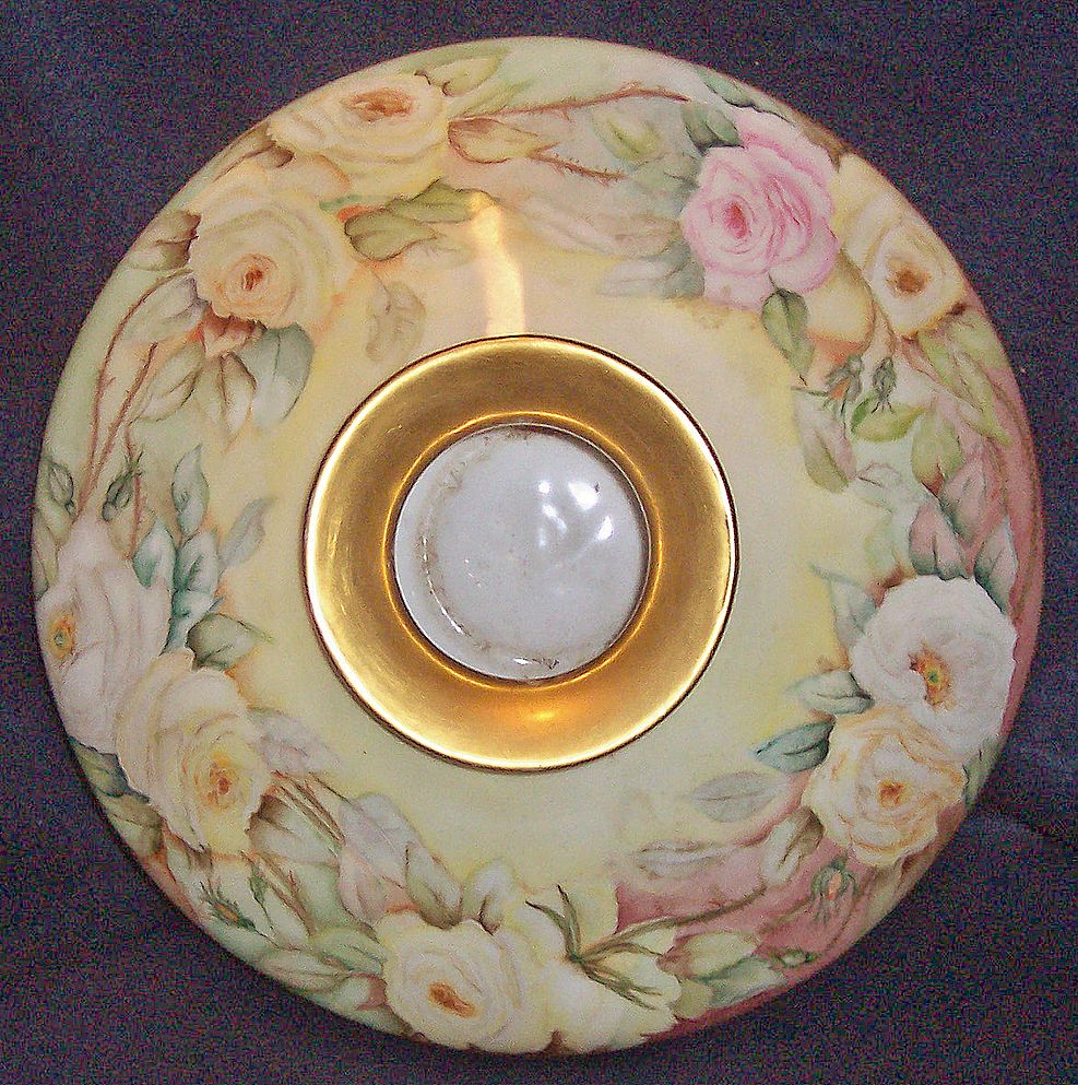 Limoges Handpainted Squat Vase with Roses 12" Diameter Limoges Handpainted Squat Vase with Roses 12" Diameter