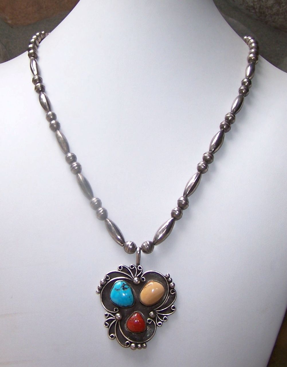Signed Navajo Sterling Silver, Turquoise, Coral And Fossil Pendant Necklace Signed Navajo Sterling Silver, Turquoise, Coral And Fossil Pendant Necklace