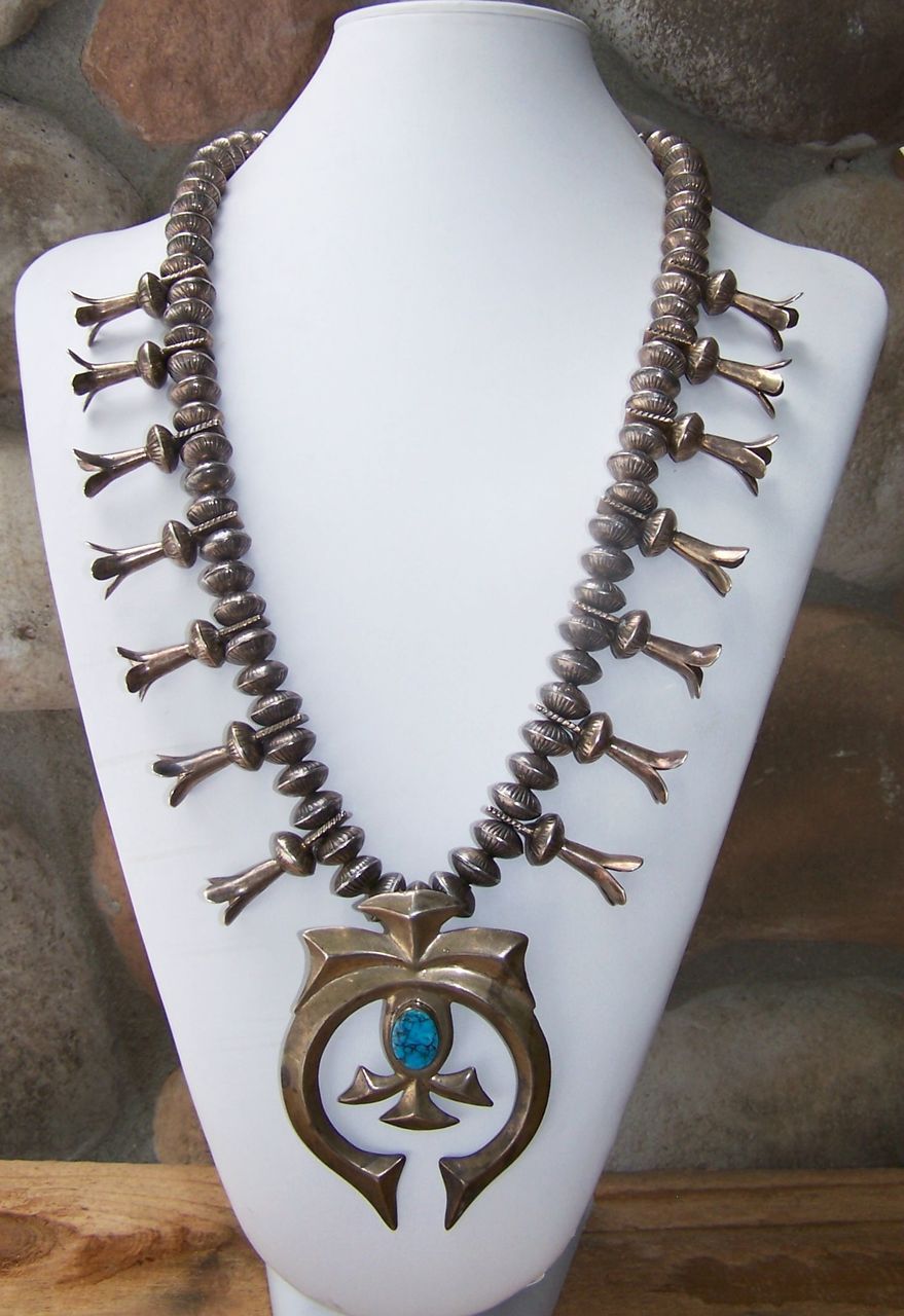 Huge Old Native American Sterling Silver And Turquoise Squash Blossom Necklace Huge Old Native American Sterling Silver And Turquoise Squash Blossom Necklace