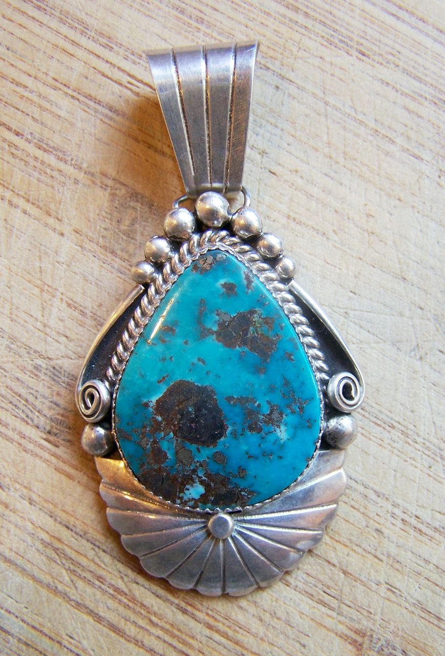 Large Signed Vintage Native American Sterling Silver And Turquoise Pendant e Large Signed Vintage Native American Sterling Silver And Turquoise Pendant e