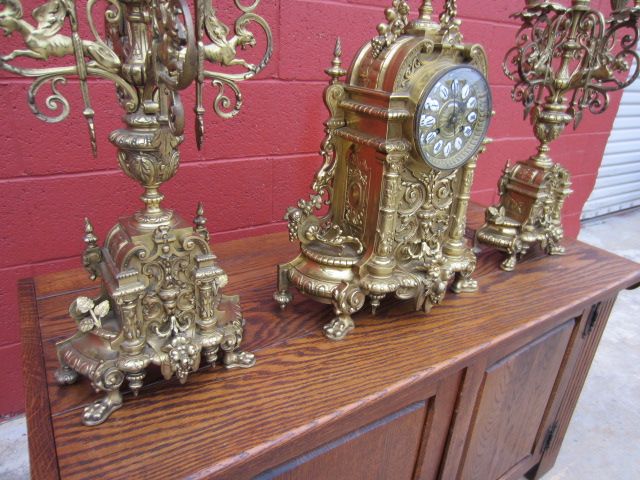 French Antique Bronze 3 Piece Mantel Clock Antique Candelabras Clock French Antique Bronze 3 Piece Mantel Clock Antique Candelabras Clock