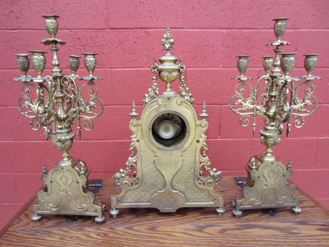 French Antique Bronze 3 Piece Mantel Clock Antique Candelabras Clock French Antique Bronze 3 Piece Mantel Clock Antique Candelabras Clock