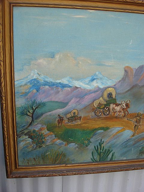 Signed Canvas on Board Oil Painting Covered Wagons Old West Signed Canvas on Board Oil Painting Covered Wagons Old West
