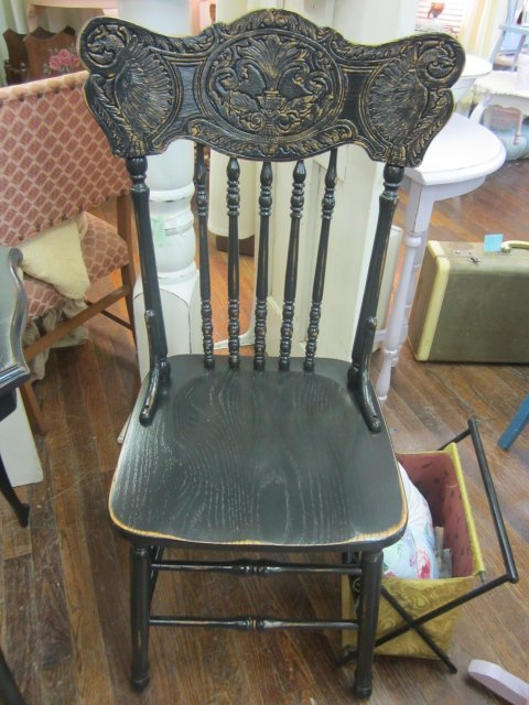 Hand Painted Shabby Chair...Cottage Distressed Black...Decorative Pressed Back Hand Painted Shabby Chair...Cottage Distressed Black...Decorative Pressed Back