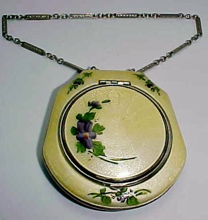 1920's Fine Guilloche Yellow Enamel Compact Chatelaine 1920's Fine Guilloche Yellow Enamel Compact Chatelaine