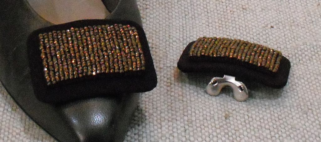 MUSI Shoe Clip with Hand Sewn Bronze Seed Beads on Brown Faille MUSI Shoe Clip with Hand Sewn Bronze Seed Beads on Brown Faille