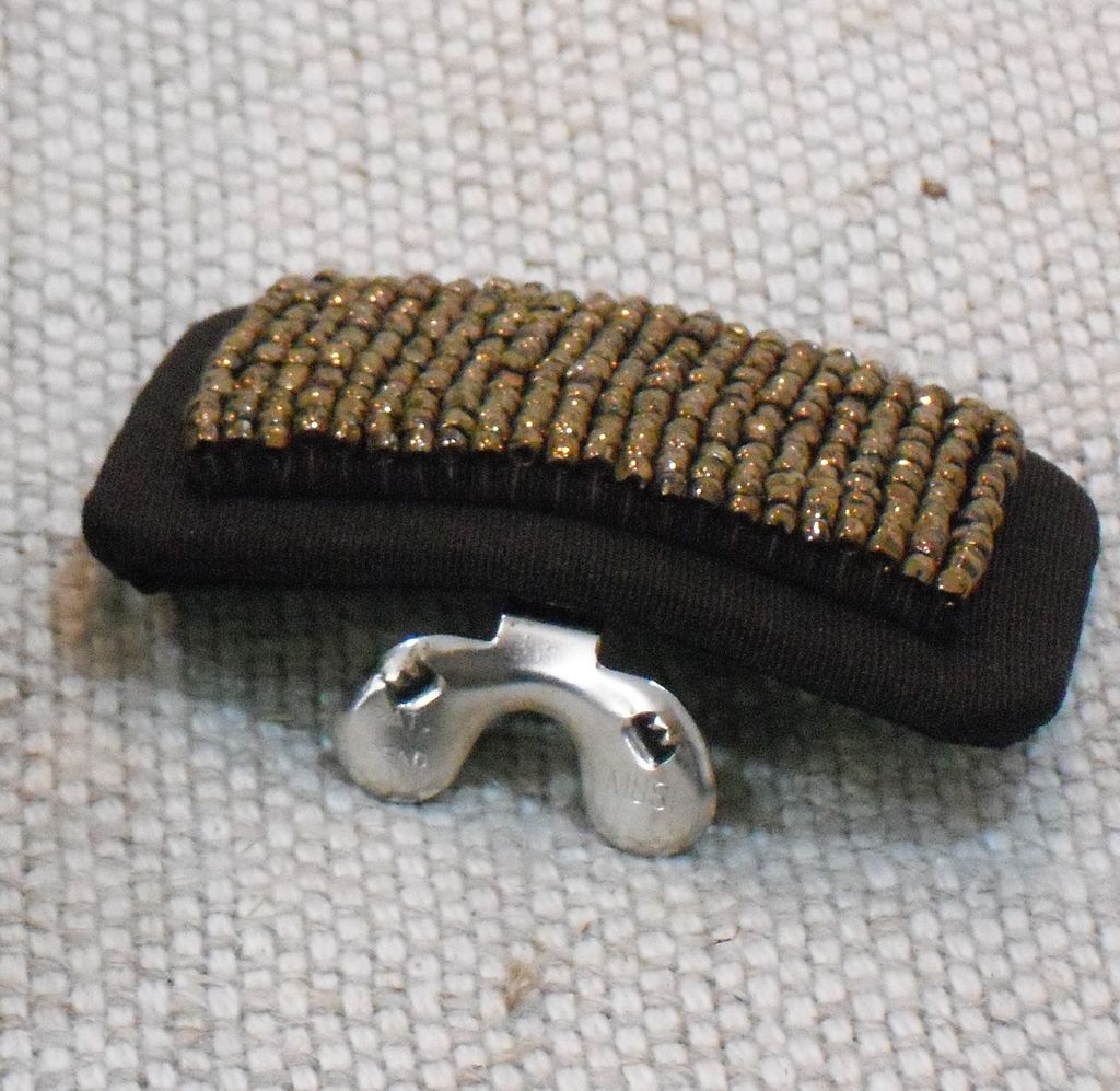 MUSI Shoe Clip with Hand Sewn Bronze Seed Beads on Brown Faille MUSI Shoe Clip with Hand Sewn Bronze Seed Beads on Brown Faille