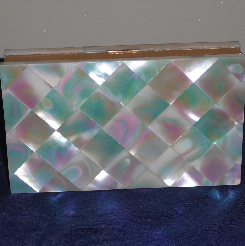 Mother of Pearl Minaudiere with Aqua Rhinestones Mother of Pearl Minaudiere with Aqua Rhinestones