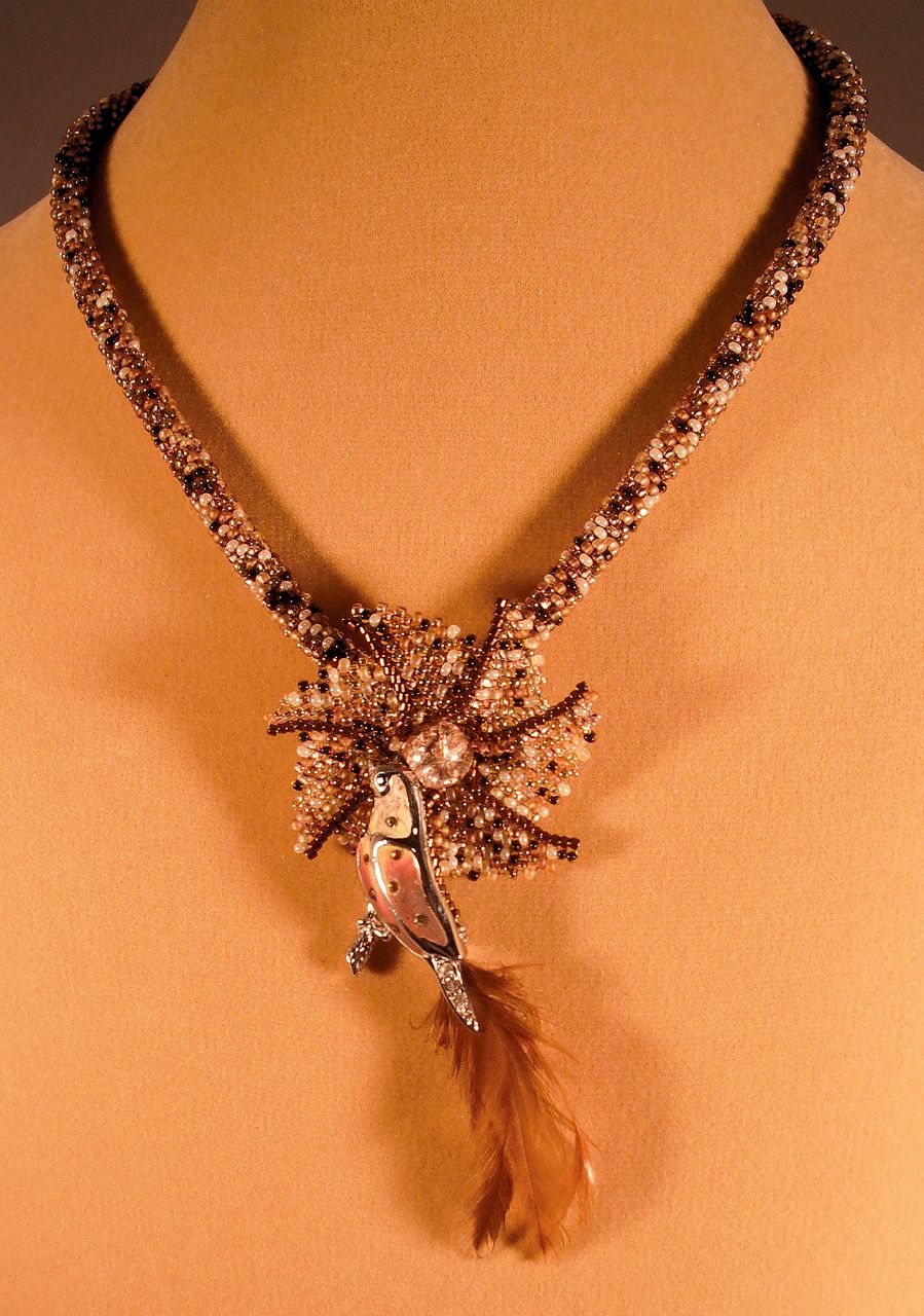 Brown Tweed Necklace with Bird Pin Brown Tweed Necklace with Bird Pin
