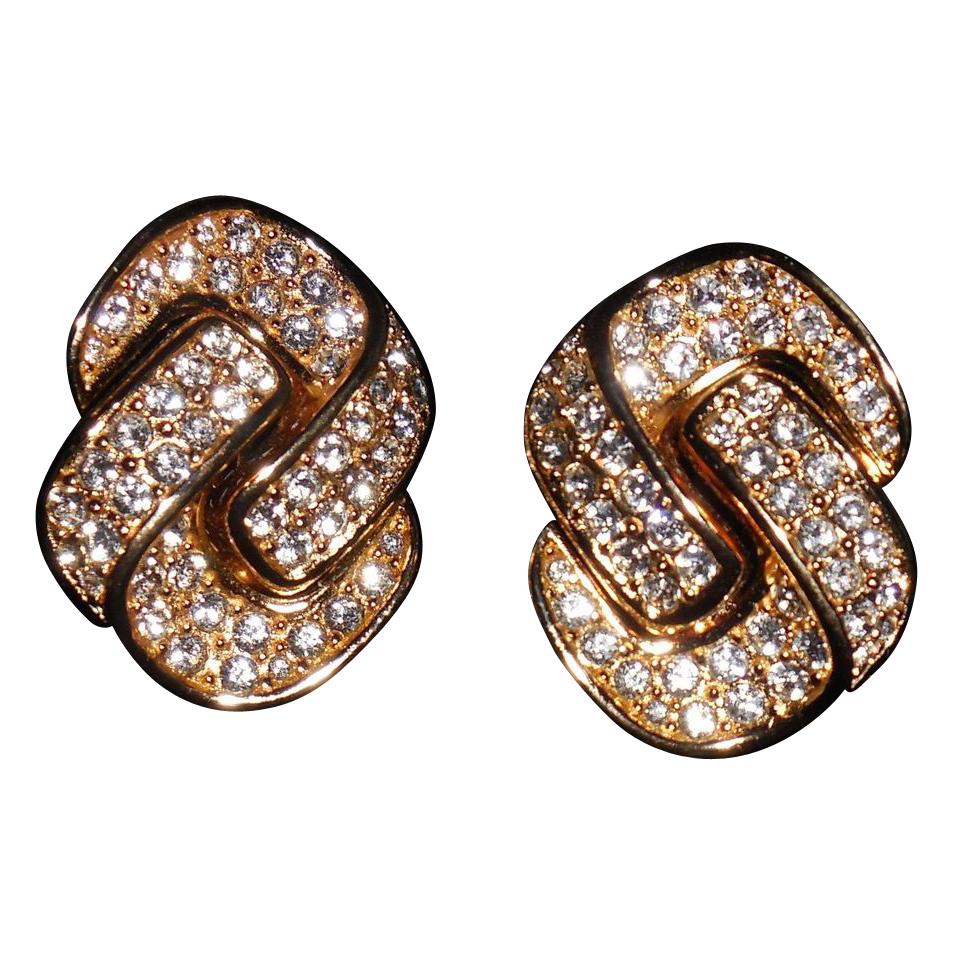 Vintage Christian Dior Gold Plated Rhinestone Knot Clip Earrings from