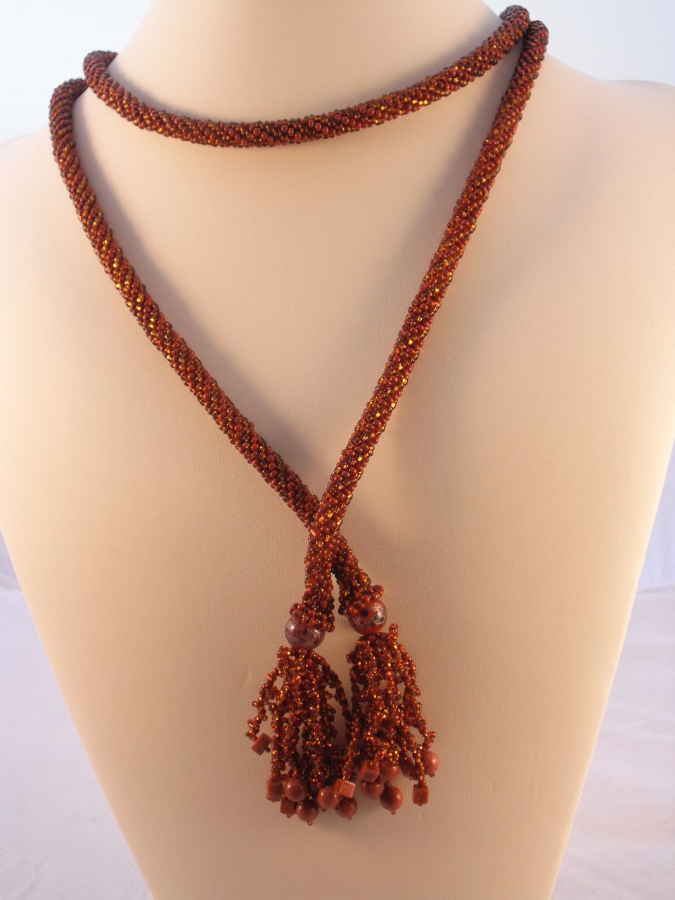 Rust and Bronze Seed Bead Crocheted Lariat - 43" Rust and Bronze Seed Bead Crocheted Lariat - 43"
