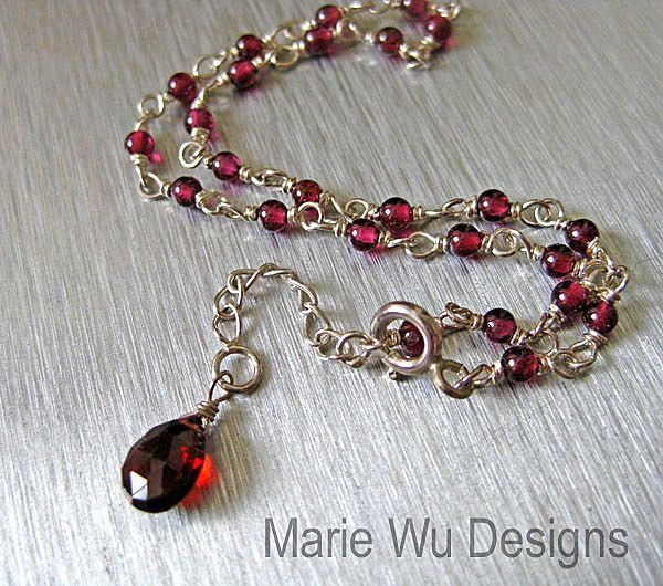 Crimson Garnet-Sterling Silver Adjustable Ankle Bracelet with Briolette Charm Crimson Garnet-Sterling Silver Adjustable Ankle Bracelet with Briolette Charm