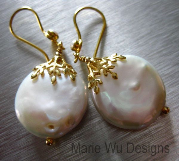 Huge 20mm FW Coin Pearls-18K Solid Gold Embellished Earrings Huge 20mm FW Coin Pearls-18K Solid Gold Embellished Earrings