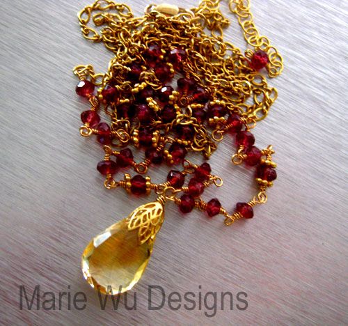 Natural Citrine Pendant~Rhodolite Garnet~2 Strand Vermeil Gold Fill Fringe Adjustable Necklace Natural Citrine Pendant~Rhodolite Garnet~2 Strand Vermeil Gold Fill Fringe Adjustable Necklace