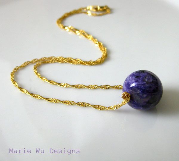 16mm Russian Purple Charoite Orb-Textured Gold Plated Pendant Necklace 16mm Russian Purple Charoite Orb-Textured Gold Plated Pendant Necklace
