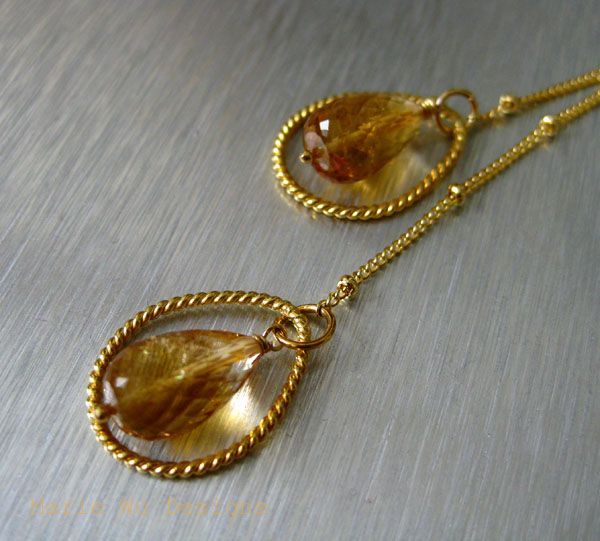 Citrine Briolettes-Vermeil Hoops-Gold Fill Cascade Adjustable Necklace Citrine Briolettes-Vermeil Hoops-Gold Fill Cascade Adjustable Necklace