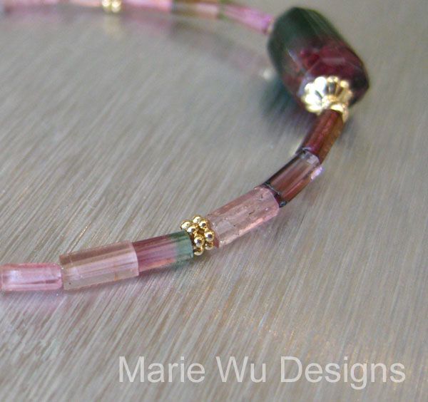 Natural Bi Color-Pink Green Tourmaline Crystals-14k Solid Gold Necklace Natural Bi Color-Pink Green Tourmaline Crystals-14k Solid Gold Necklace