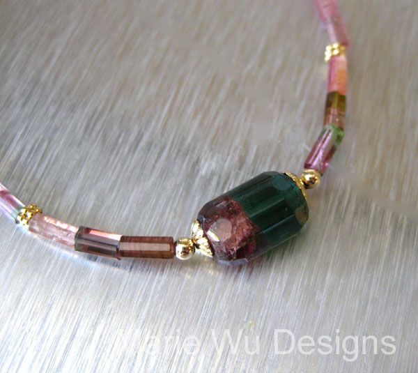 Natural Bi Color-Pink Green Tourmaline Crystals-14k Solid Gold Necklace Natural Bi Color-Pink Green Tourmaline Crystals-14k Solid Gold Necklace