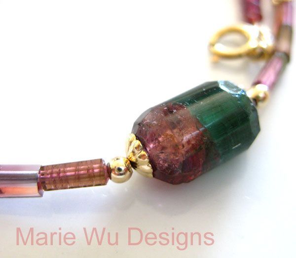 Natural Bi Color-Pink Green Tourmaline Crystals-14k Solid Gold Necklace Natural Bi Color-Pink Green Tourmaline Crystals-14k Solid Gold Necklace