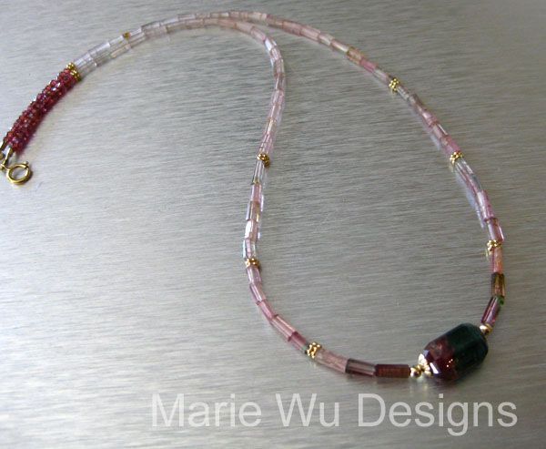 Natural Bi Color-Pink Green Tourmaline Crystals-14k Solid Gold Necklace Natural Bi Color-Pink Green Tourmaline Crystals-14k Solid Gold Necklace