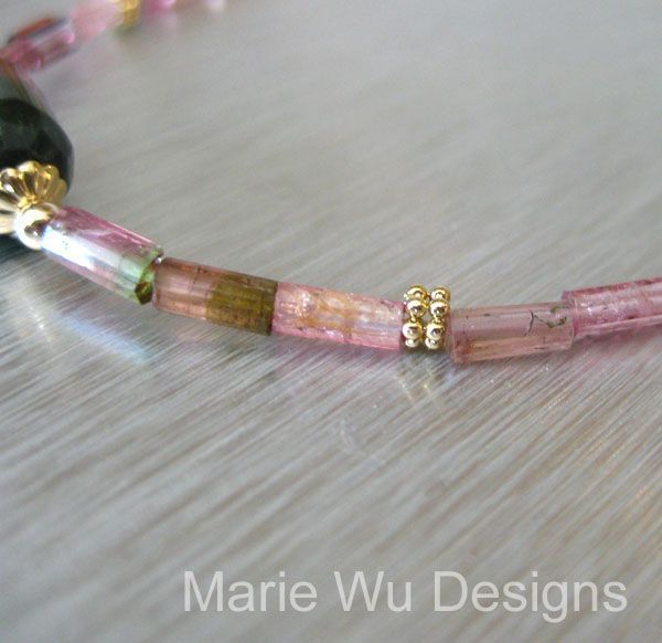Natural Bi Color-Pink Green Tourmaline Crystals-14k Solid Gold Necklace Natural Bi Color-Pink Green Tourmaline Crystals-14k Solid Gold Necklace