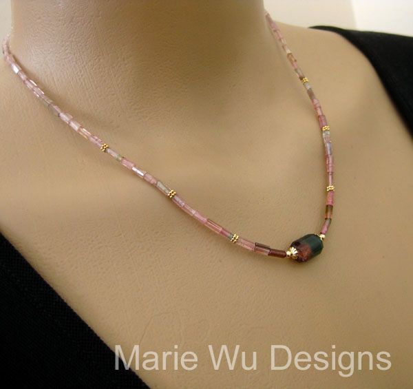 Natural Bi Color-Pink Green Tourmaline Crystals-14k Solid Gold Necklace Natural Bi Color-Pink Green Tourmaline Crystals-14k Solid Gold Necklace