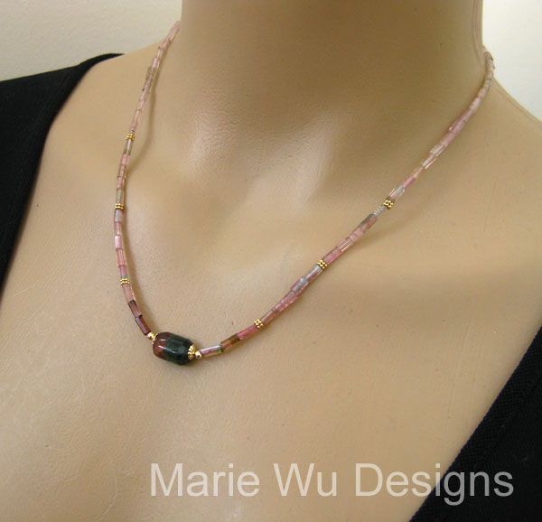 Natural Bi Color-Pink Green Tourmaline Crystals-14k Solid Gold Necklace Natural Bi Color-Pink Green Tourmaline Crystals-14k Solid Gold Necklace
