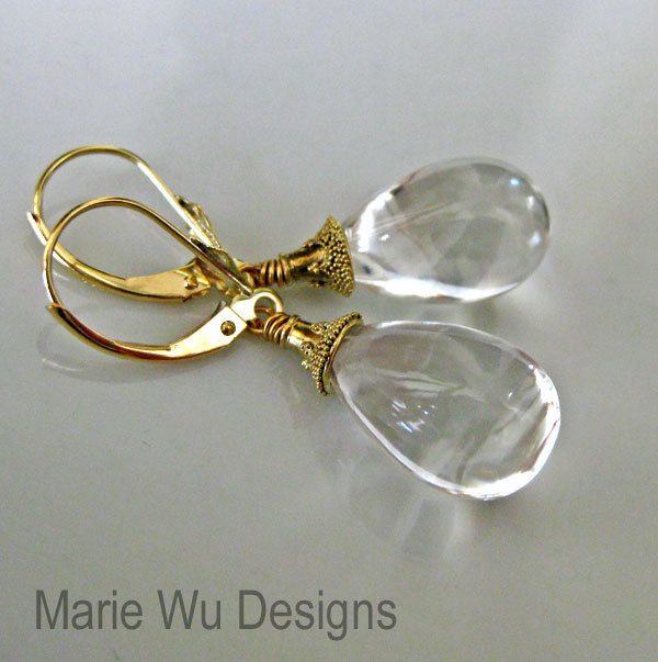 Liquid-Flawless Crystal Quartz-14k Solid Yellow Gold-Leverback Dangle Earrings Liquid-Flawless Crystal Quartz-14k Solid Yellow Gold-Leverback Dangle Earrings