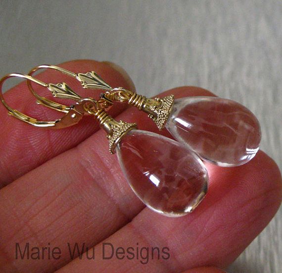 Liquid-Flawless Crystal Quartz-14k Solid Yellow Gold-Leverback Dangle Earrings Liquid-Flawless Crystal Quartz-14k Solid Yellow Gold-Leverback Dangle Earrings