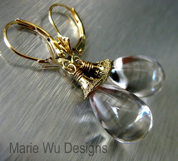 Liquid-Flawless Crystal Quartz-14k Solid Yellow Gold-Leverback Dangle Earrings Liquid-Flawless Crystal Quartz-14k Solid Yellow Gold-Leverback Dangle Earrings