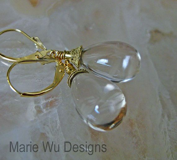 Liquid-Flawless Crystal Quartz-14k Solid Yellow Gold-Leverback Dangle Earrings Liquid-Flawless Crystal Quartz-14k Solid Yellow Gold-Leverback Dangle Earrings