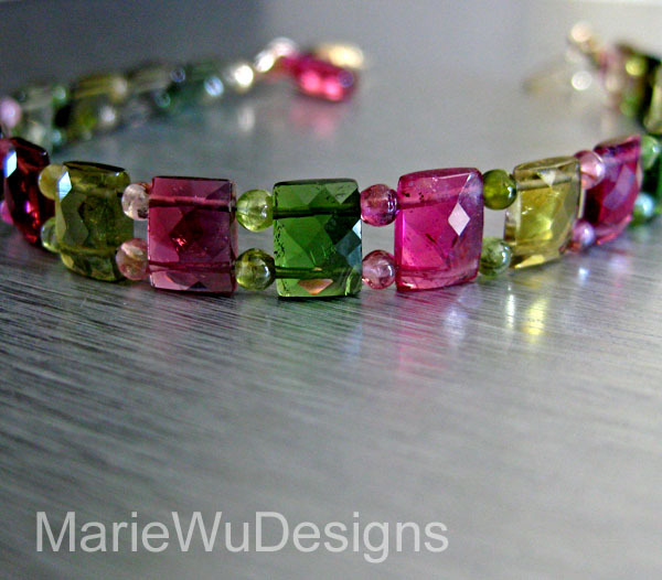 Gem Grade-Multi Tourmaline-Pink-Green-Cushion-Chiclet-14k Solid Gold Bracelet with Hot Pink Tourmaline Charm Gem Grade-Multi Tourmaline-Pink-Green-Cushion-Chiclet-14k Solid Gold Bracelet with Hot Pink Tourmaline Charm