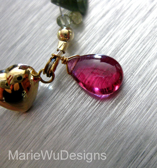 Gem Grade-Multi Tourmaline-Pink-Green-Cushion-Chiclet-14k Solid Gold Bracelet with Hot Pink Tourmaline Charm Gem Grade-Multi Tourmaline-Pink-Green-Cushion-Chiclet-14k Solid Gold Bracelet with Hot Pink Tourmaline Charm